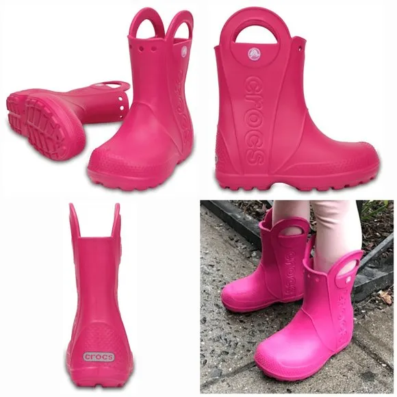 'CROCS' RAIN BOOTS 'HANDL IT' SIDE CUT OUT, EASY PULL~ON, TODDLER 7, CANDY PINK