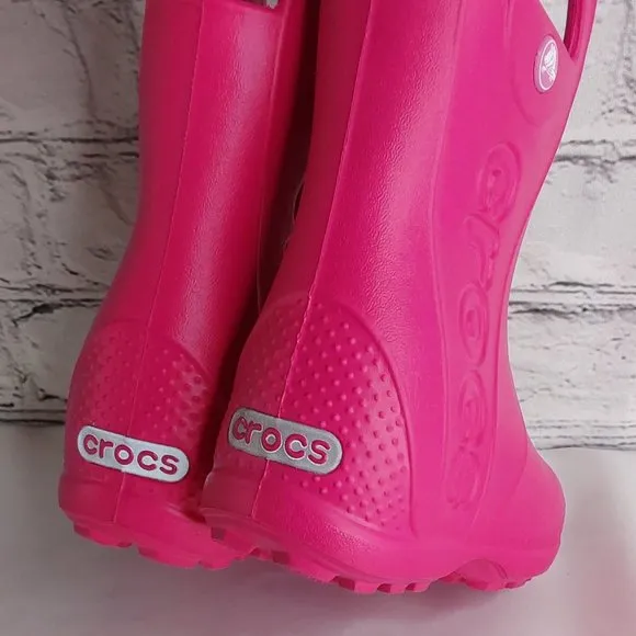 'CROCS' RAIN BOOTS 'HANDL IT' SIDE CUT OUT, EASY PULL~ON, TODDLER 7, CANDY PINK