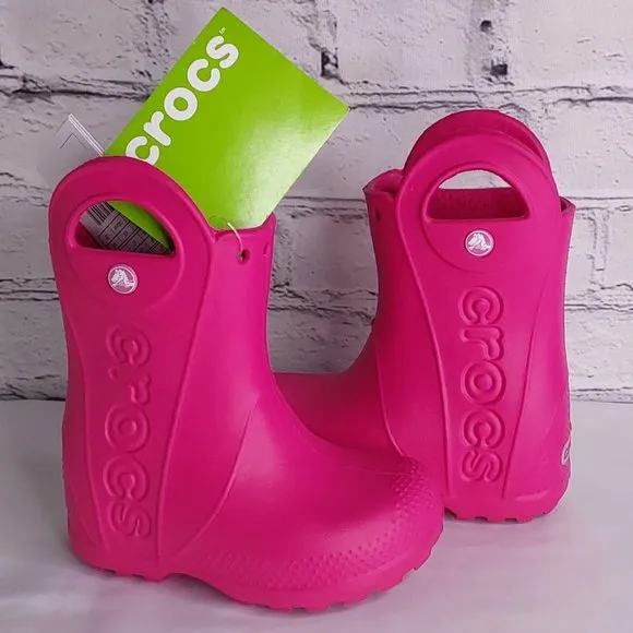 'CROCS' RAIN BOOTS 'HANDL IT' SIDE CUT OUT, EASY PULL~ON, TODDLER 7, CANDY PINK