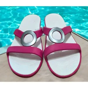 Crocs Sanrah Circle Slide Sandals Pink White Slip-On Pool Beachwear Womens 9