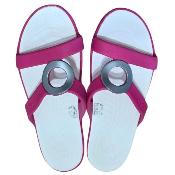 Crocs Sanrah Circle Slide Sandals Pink White Slip-On Pool Beachwear Womens 9