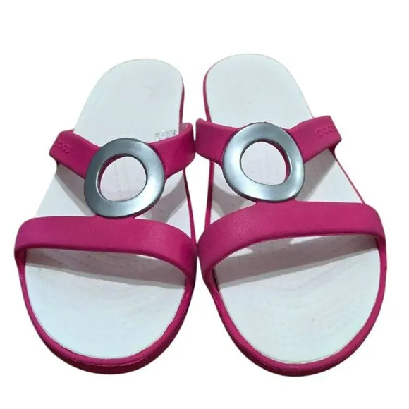 Crocs Sanrah Circle Slide Sandals Pink White Slip-On Pool Beachwear Womens 9