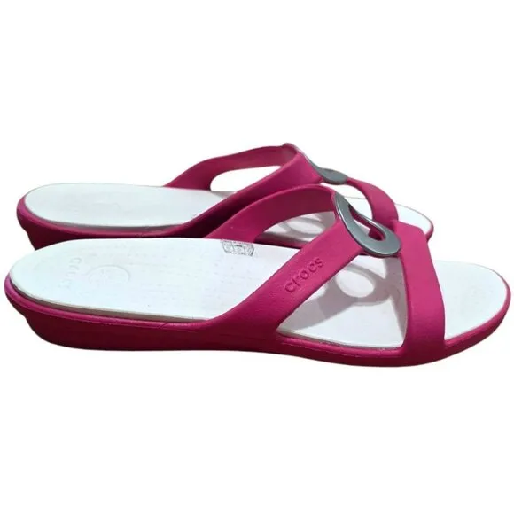 Crocs Sanrah Circle Slide Sandals Pink White Slip-On Pool Beachwear Womens 9