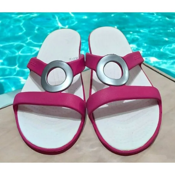 Crocs Sanrah Circle Slide Sandals Pink White Slip-On Pool Beachwear Womens 9