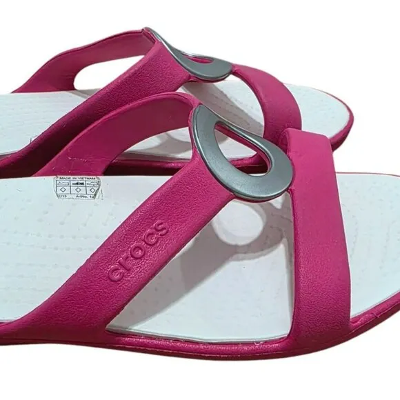 Crocs Sanrah Circle Slide Sandals Pink White Slip-On Pool Beachwear Womens 9