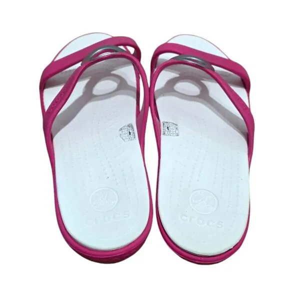 Crocs Sanrah Circle Slide Sandals Pink White Slip-On Pool Beachwear Womens 9