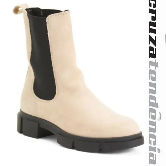 Cruza Tendencia Mid Calf Suede Boots Cream Womens 8 Pull-On Leather Nubuck