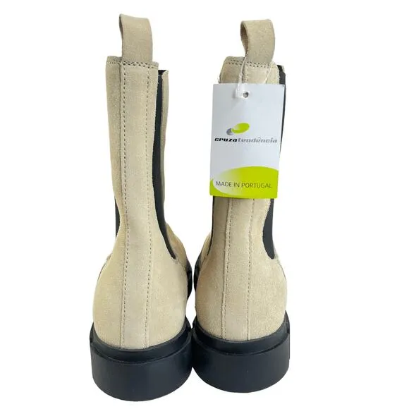 Cruza Tendencia Mid Calf Suede Boots Cream Womens 8 Pull-On Leather Nubuck