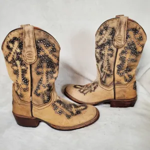 Dan Post Womens Leather Boots Size 7 Tan With Silver Studs Pull Strap Square Toe