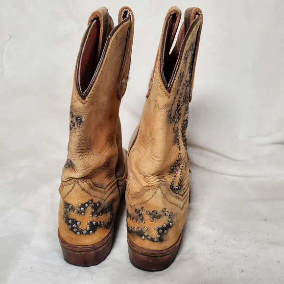 Dan Post Womens Leather Boots Size 7 Tan With Silver Studs Pull Strap Square Toe