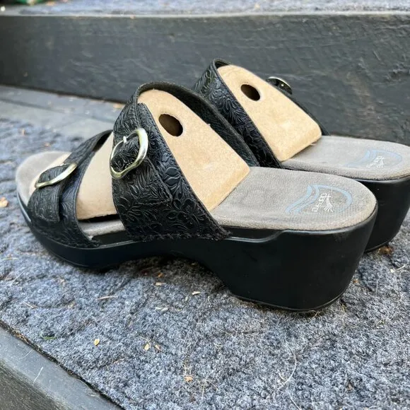 DANSKO Sophie Double Strap Black Leather Tooled Sandals