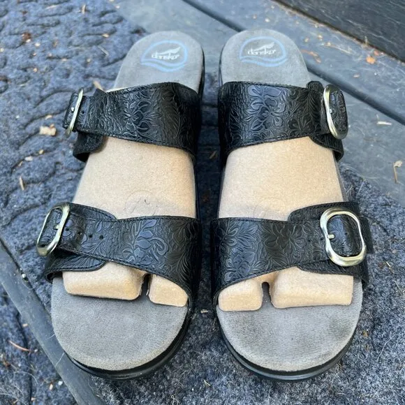 DANSKO Sophie Double Strap Black Leather Tooled Sandals