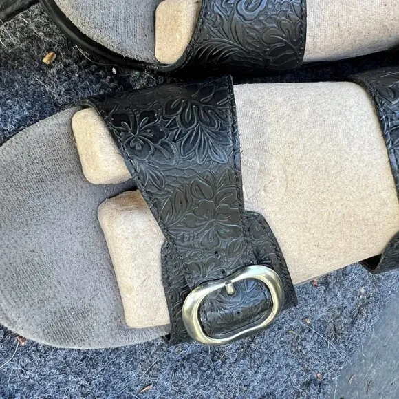 DANSKO Sophie Double Strap Black Leather Tooled Sandals