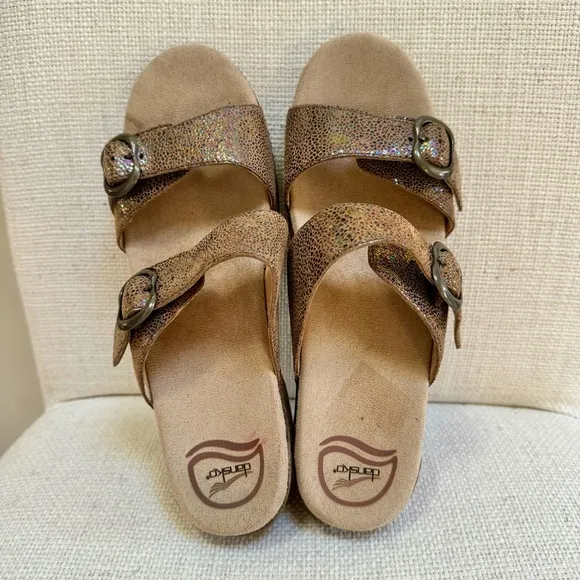 Dansko Sophie Metallic Snake Strap Buckle Slide Sandals Gold 40  US 39.5-10