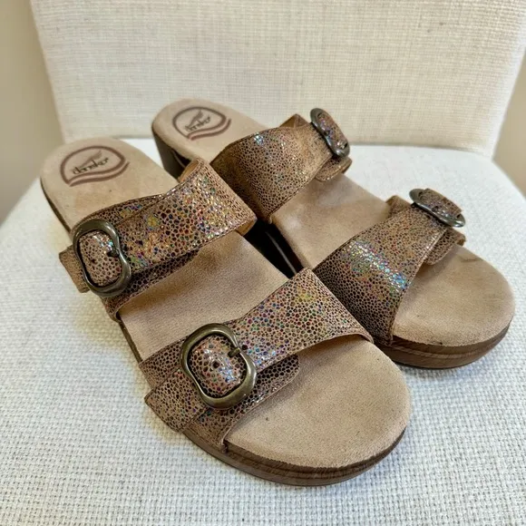 Dansko Sophie Metallic Snake Strap Buckle Slide Sandals Gold 40  US 39.5-10