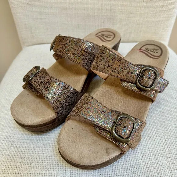 Dansko Sophie Metallic Snake Strap Buckle Slide Sandals Gold 40  US 39.5-10