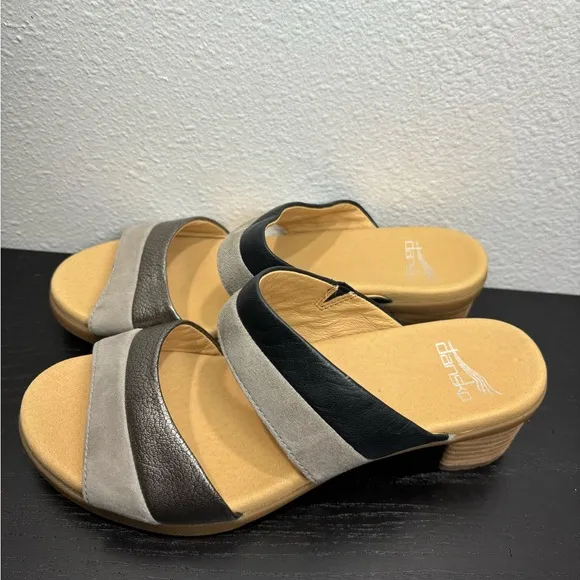 Dansko‎ Theresa Slip On Sandal Clog Black Gray Leather Heels EU 37 US 6.5-7