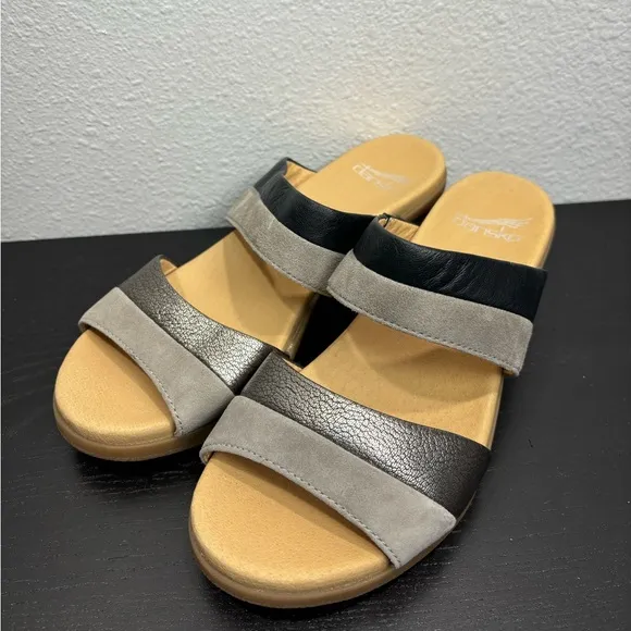 Dansko‎ Theresa Slip On Sandal Clog Black Gray Leather Heels EU 37 US 6.5-7