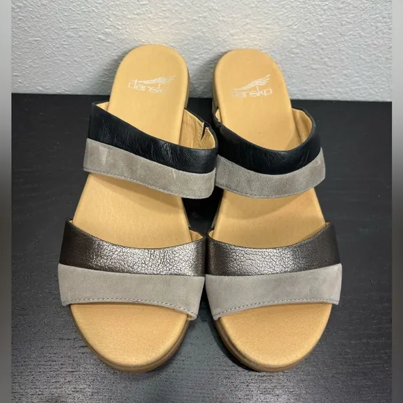 Dansko‎ Theresa Slip On Sandal Clog Black Gray Leather Heels EU 37 US 6.5-7