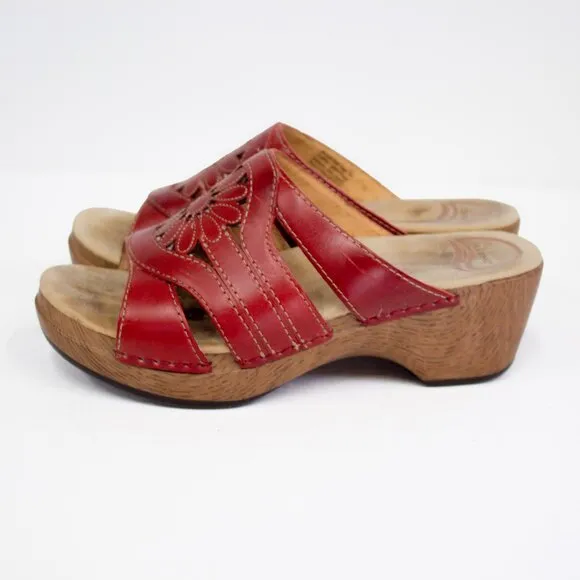 Dansko Womens 36 EU Red Leather Platform Slip On Sandals Comfort Shoes Heel Mule