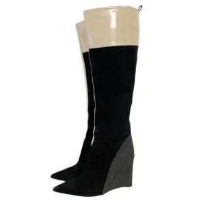 Derek Lam Mila Ivory Stripe Suede Wedge Pointed Toe Boots