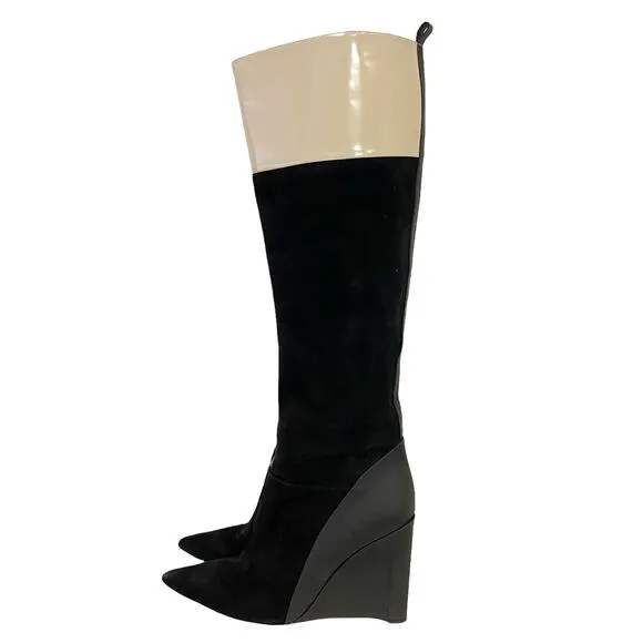 Derek Lam Mila Ivory Stripe Suede Wedge Pointed Toe Boots