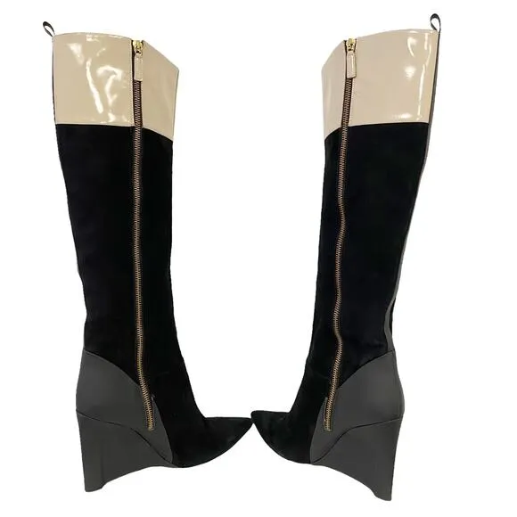 Derek Lam Mila Ivory Stripe Suede Wedge Pointed Toe Boots