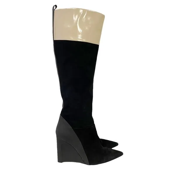 Derek Lam Mila Ivory Stripe Suede Wedge Pointed Toe Boots