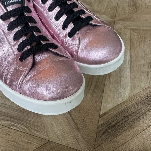 Dolce &amp; Gabbana 👧🏽Girls Youth👧🏽 Pink Metallic Logo Leather Low Top Sneakers