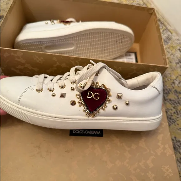 Dolce &amp; Gabbana White and Red Sneakers with Heart Accent