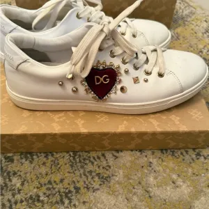 Dolce &amp; Gabbana White and Red Sneakers with Heart Accent