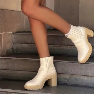 Dolce Vita Caster Ivory Lug Sole Midi Block Heel Women’s Leather Boots Sz 8.5