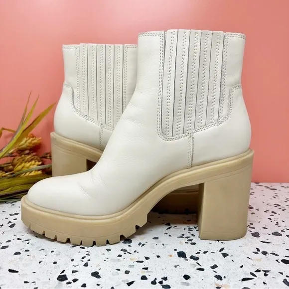 Dolce Vita Caster Ivory Lug Sole Midi Block Heel Women’s Leather Boots Sz 8.5