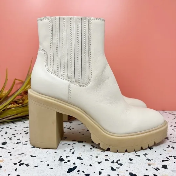 Dolce Vita Caster Ivory Lug Sole Midi Block Heel Women’s Leather Boots Sz 8.5