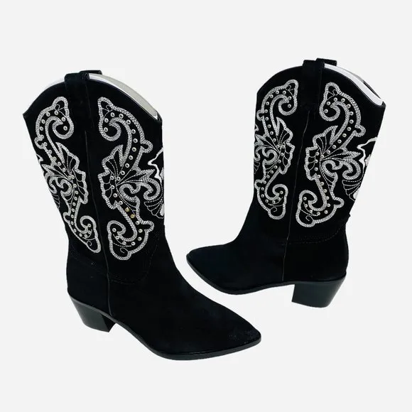 Dolce Vita Suede Studded Western Boots Black Size 6 NIB NEW