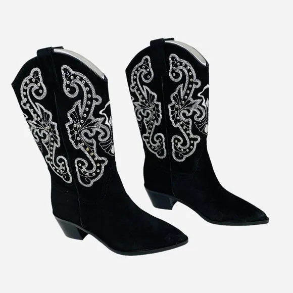 Dolce Vita Suede Studded Western Boots Black Size 6 NIB NEW