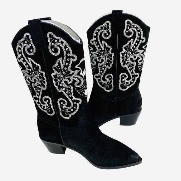 Dolce Vita Suede Studded Western Boots Black Size 6 NIB NEW