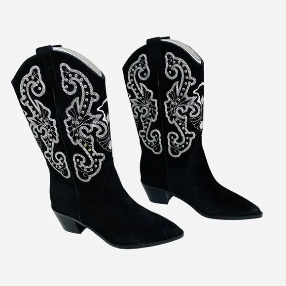 Dolce Vita Suede Studded Western Boots Black Size 6 NIB NEW
