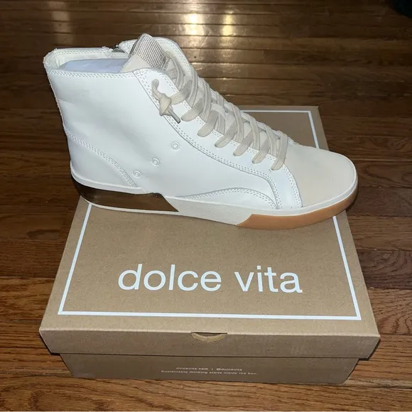 Dolce Vita Zohara High Top Sneakers White &amp; Tan Leather Women’s Size 11