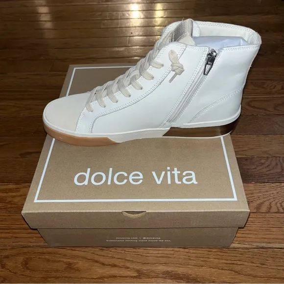 Dolce Vita Zohara High Top Sneakers White &amp; Tan Leather Women’s Size 11