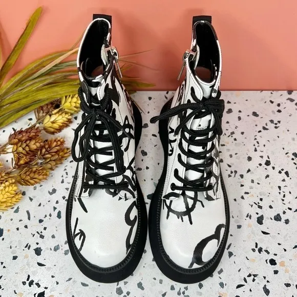 Dolls Kill Current Mood Graffiti White Women’s Combat Lace Up Boots Sz 37