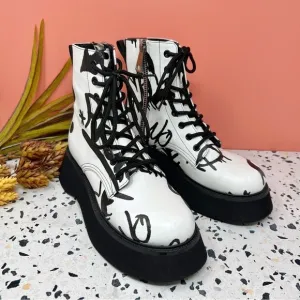 Dolls Kill Current Mood Graffiti White Women’s Combat Lace Up Boots Sz 37