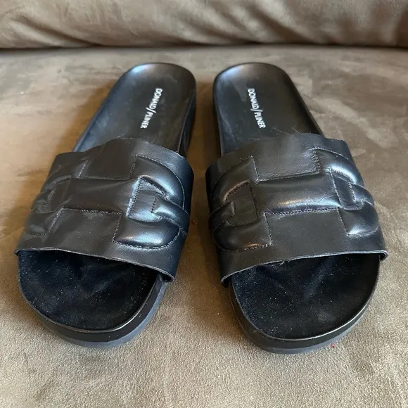 Donald J Pliner Black Nappa Leather Embossed Horsebit Buoy Slide Sandals
