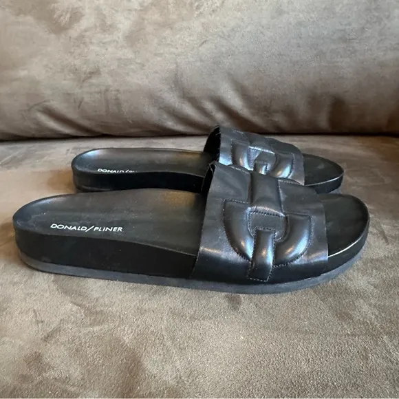 Donald J Pliner Black Nappa Leather Embossed Horsebit Buoy Slide Sandals