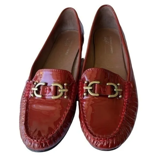 Donald J. Pliner Diona Red Patent Flat Gold Logo Rust Loafers Size 9N
