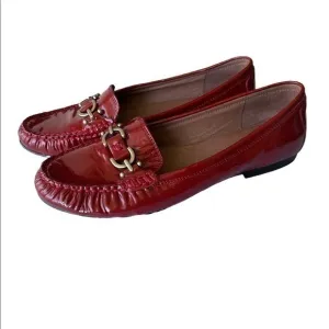 Donald J. Pliner Diona Red Patent Flat Gold Logo Rust Loafers Size 9N