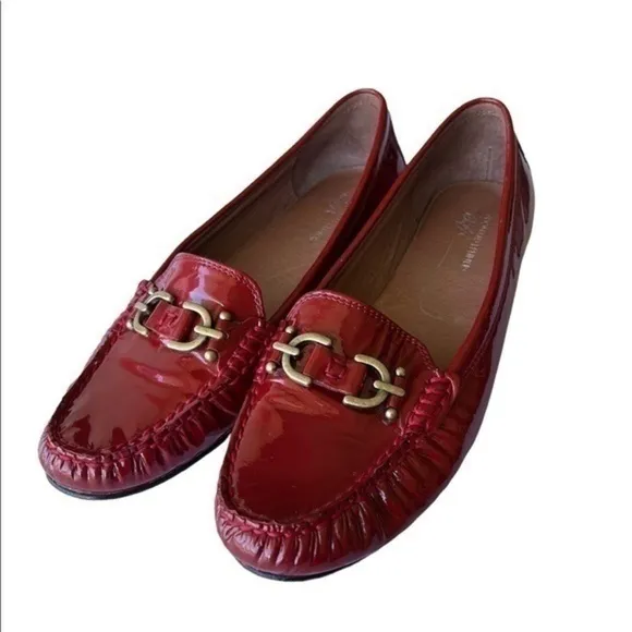 Donald J. Pliner Diona Red Patent Flat Gold Logo Rust Loafers Size 9N