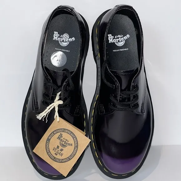 Dr Doc Martens Vegan 1461 Oxford Rub Off Shoes Black Rich Purple W7 M6 NEW