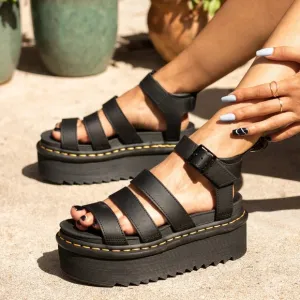Dr. Martens Blaire Quad Black Leather Platform Sandals with Chunky Sole Size 10