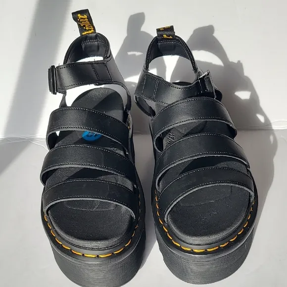 Dr. Martens Blaire Quad Black Leather Platform Sandals with Chunky Sole Size 10